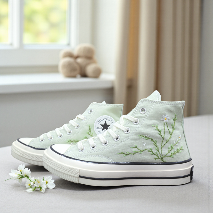 Embroidered Converse Sage Green High-Top Shoes with Floral Design and Classic White Sole