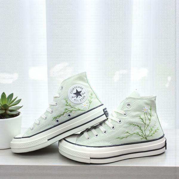 Converse Sage Green Embroidered Shoes with Floral Design and Classic High-Top Style