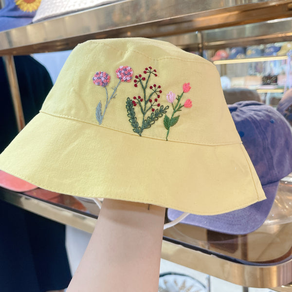 Yellow Embroidered Linen Baby Hat – Summer Bucket Hat for Toddlers & Kids