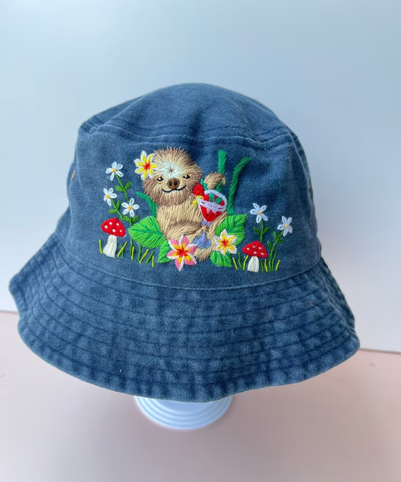 Cute Sloth Hand Embroidery Bucket Hat - Stitchery Zone