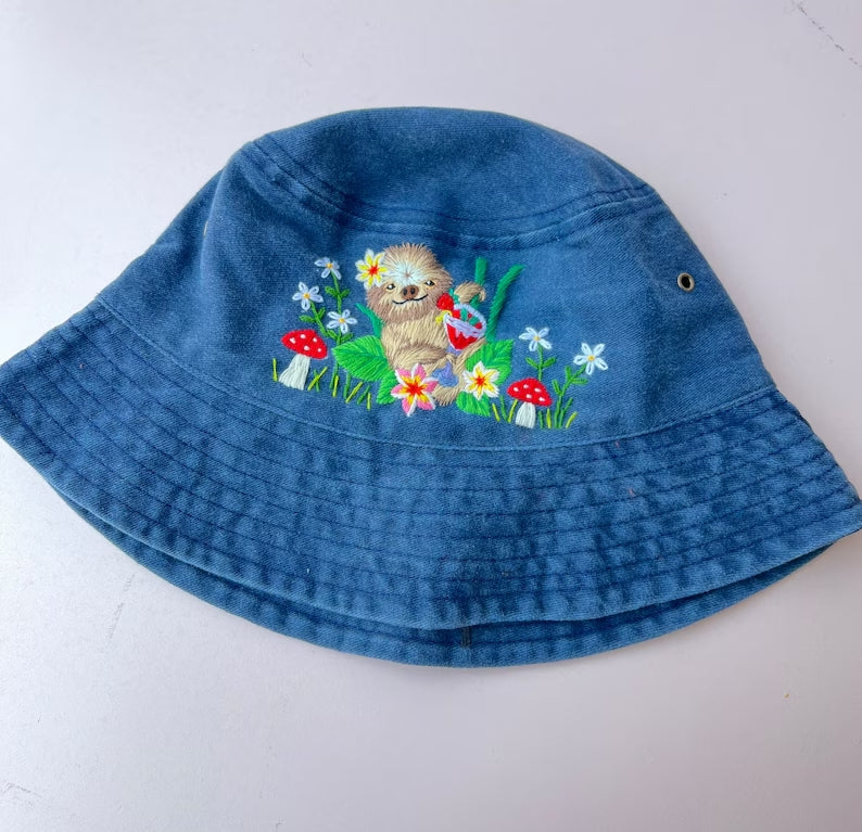 Cute Sloth Hand Embroidery Bucket Hat - Stitchery Zone