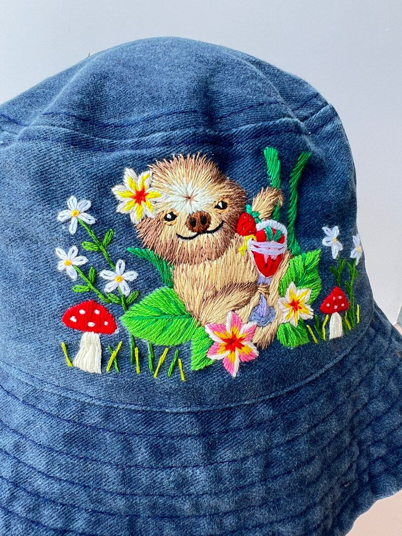 Cute Sloth Hand Embroidery Bucket Hat - Stitchery Zone