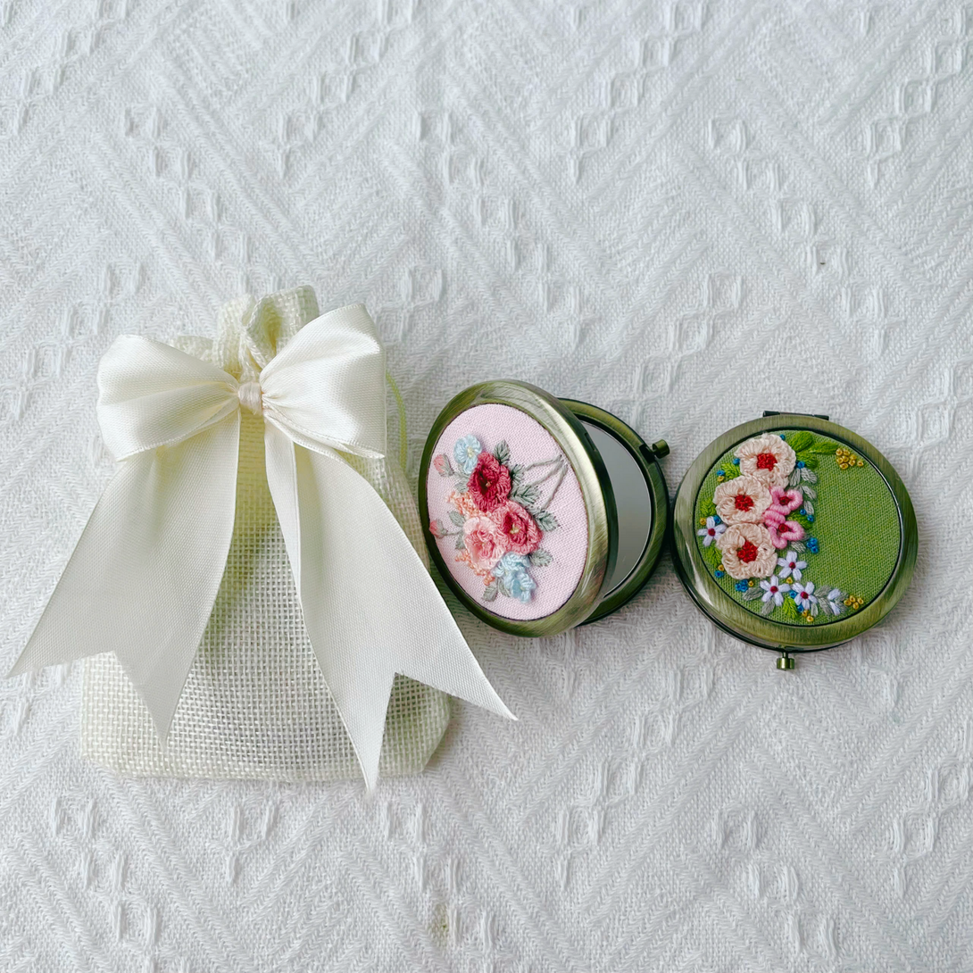 Embroidered Compact Mirror with Drawstring Bag