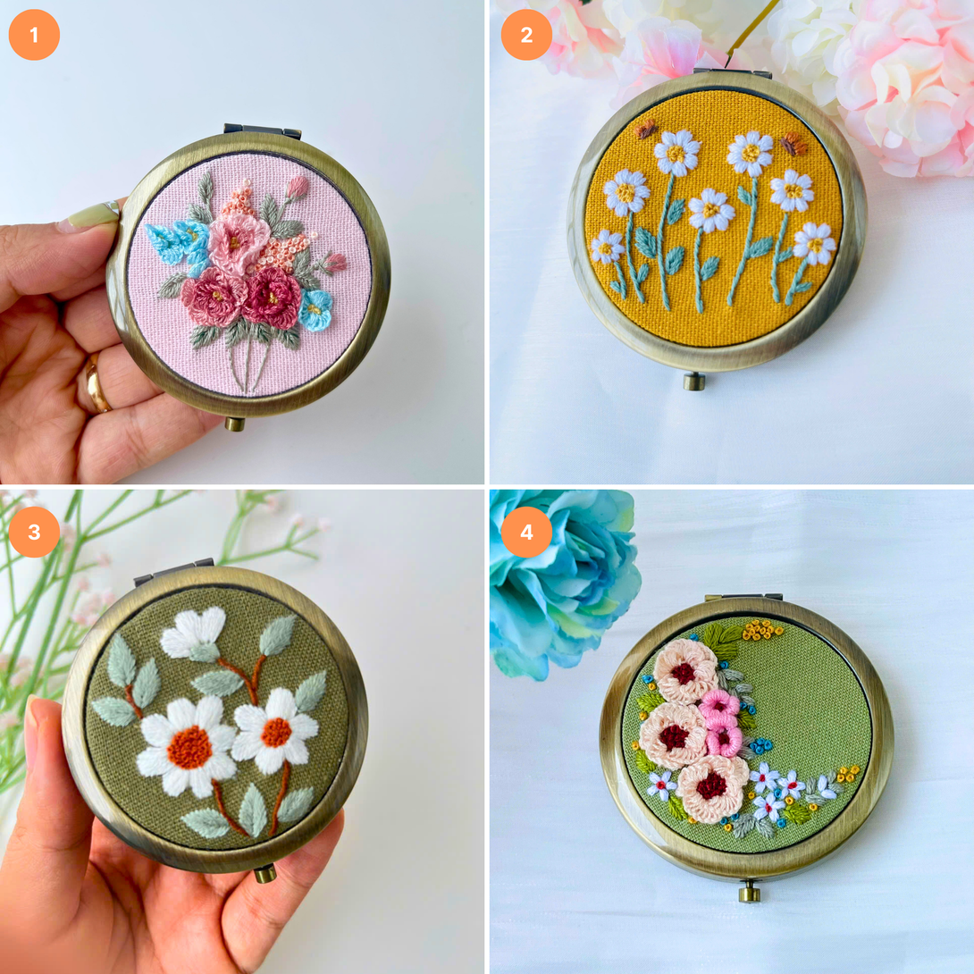 Embroidered Compact Mirror with Drawstring Bag