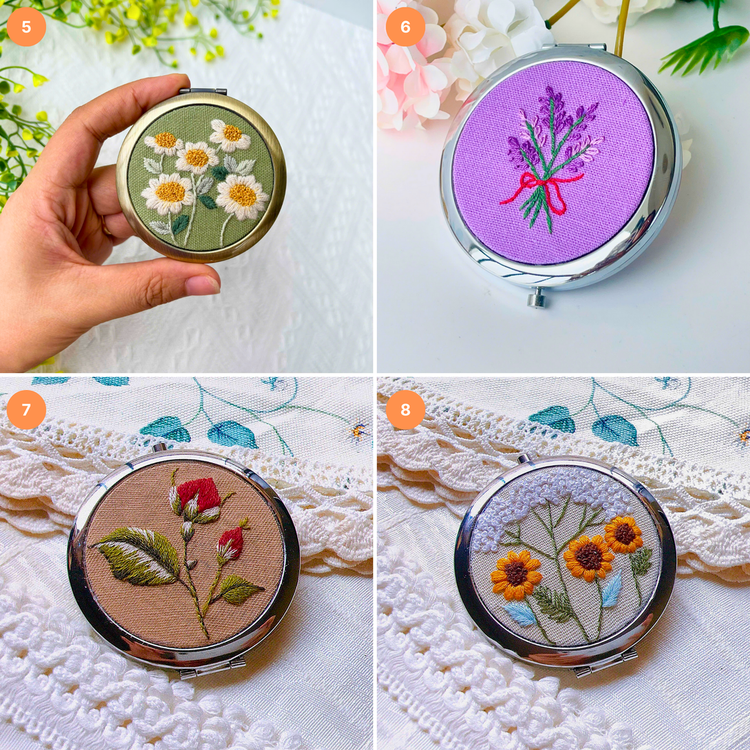 Embroidered Compact Mirror with Drawstring Bag