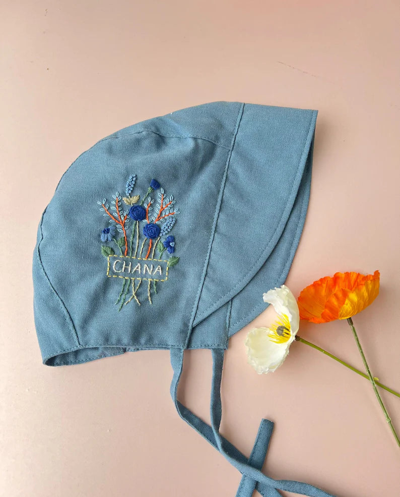 Vintage Hand Embroidered Linen Baby Bonnet With Flowers - Stitchery Zone