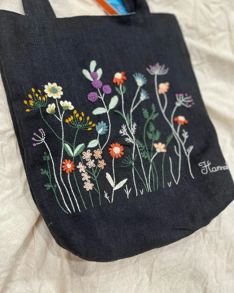 Floral Garden Embroidered Tote Bag With Zipper And Pocket - Stitchery Zone