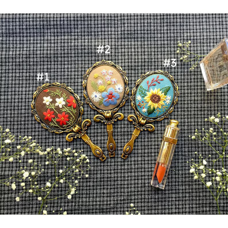 Flower Embroidery mirror with handle