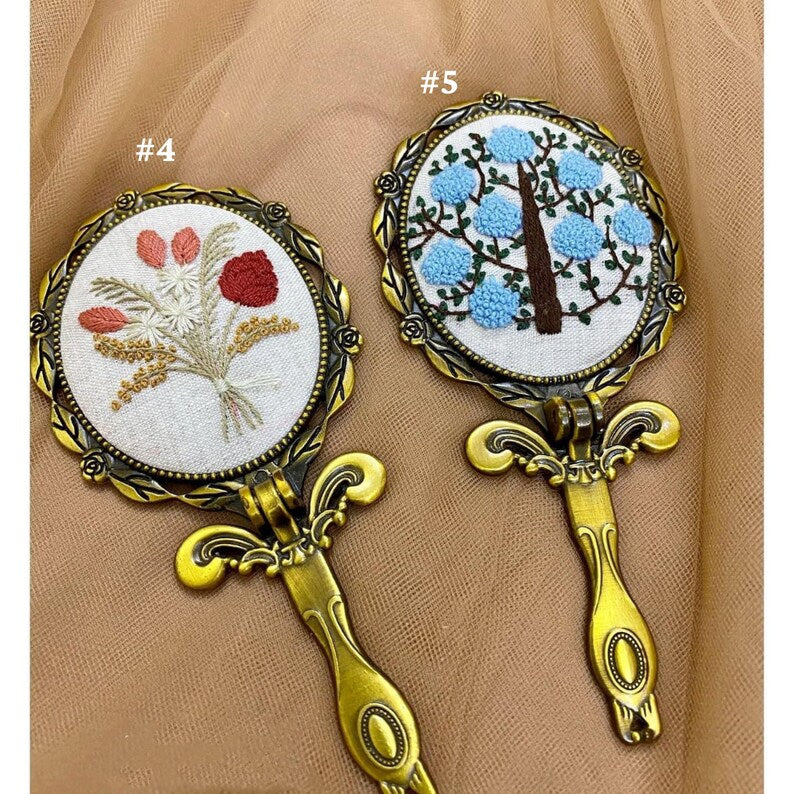 Flower Embroidery mirror with handle - Stitchery Zone