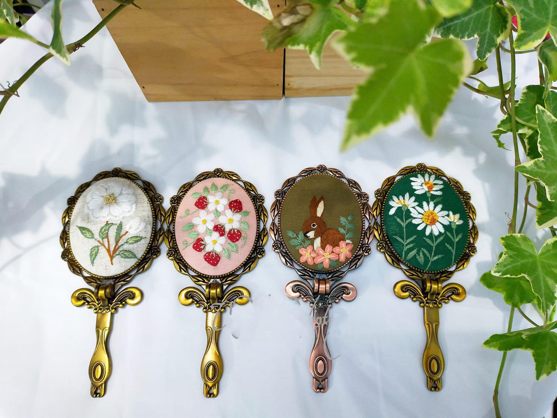 Hand Embroidered Vintage Compact Mirror With Handle
