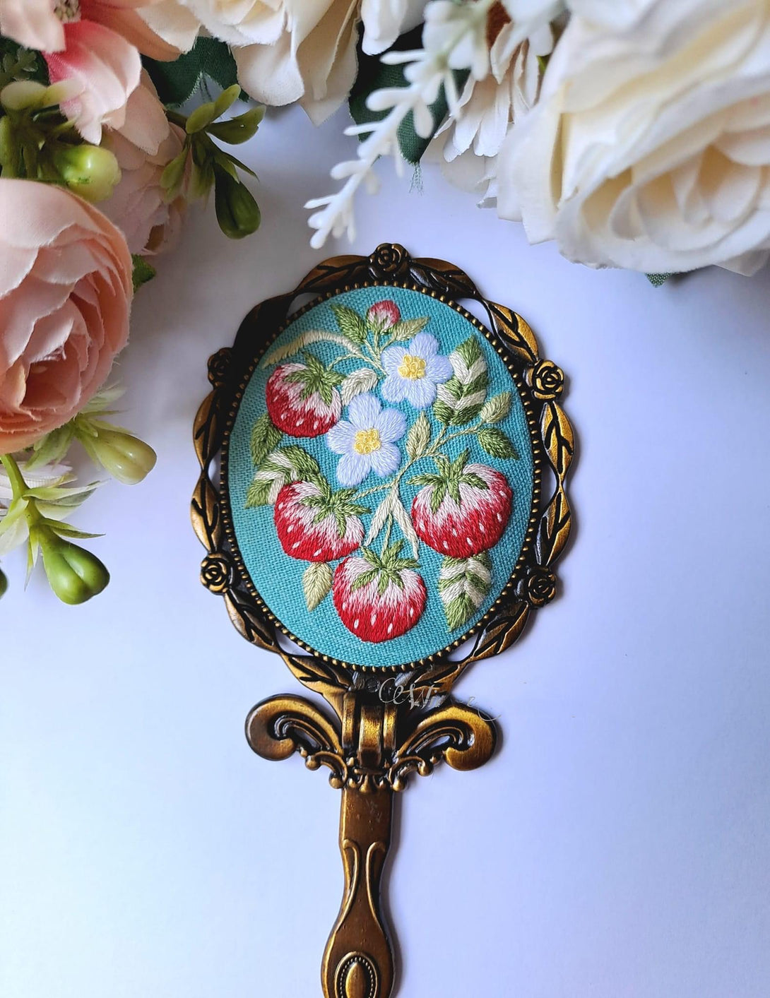 Hand Embroidered Vintage Compact Mirror With Handle