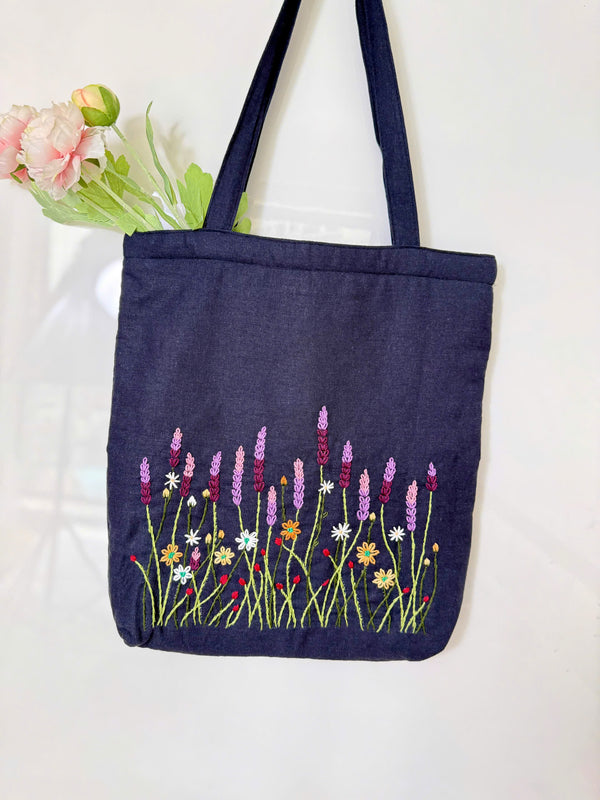 Lavender Hand Embroidered Linen Tote Bag – Navy Floral Shoulder Bag