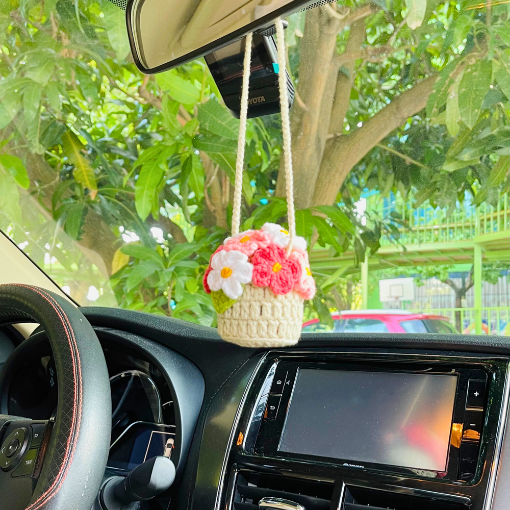 Handmade Crochet Daisy Car Mirror Hanging - Cute Car Accessories For Women, Adjustable Keychain Decor