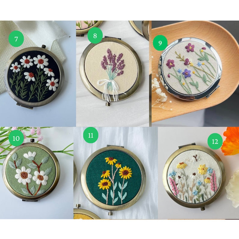 Wild flower Embroidered Compact Mirror Comes With a Drawstring Bag - Stitchery Zone