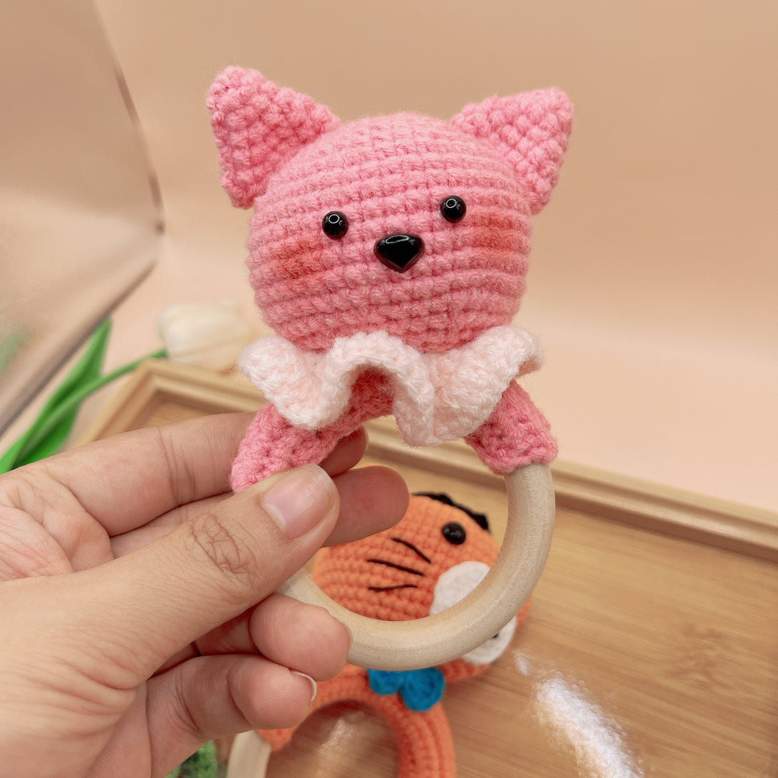 Stitchery Zone cute pink Animal Crochet Rattle baby toy with wooden ring handle