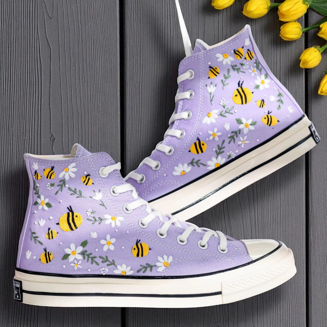 Stitchery Zone Bee Embroidered Sneakers in lavender with white flowers and yellow bees on high-top shoes