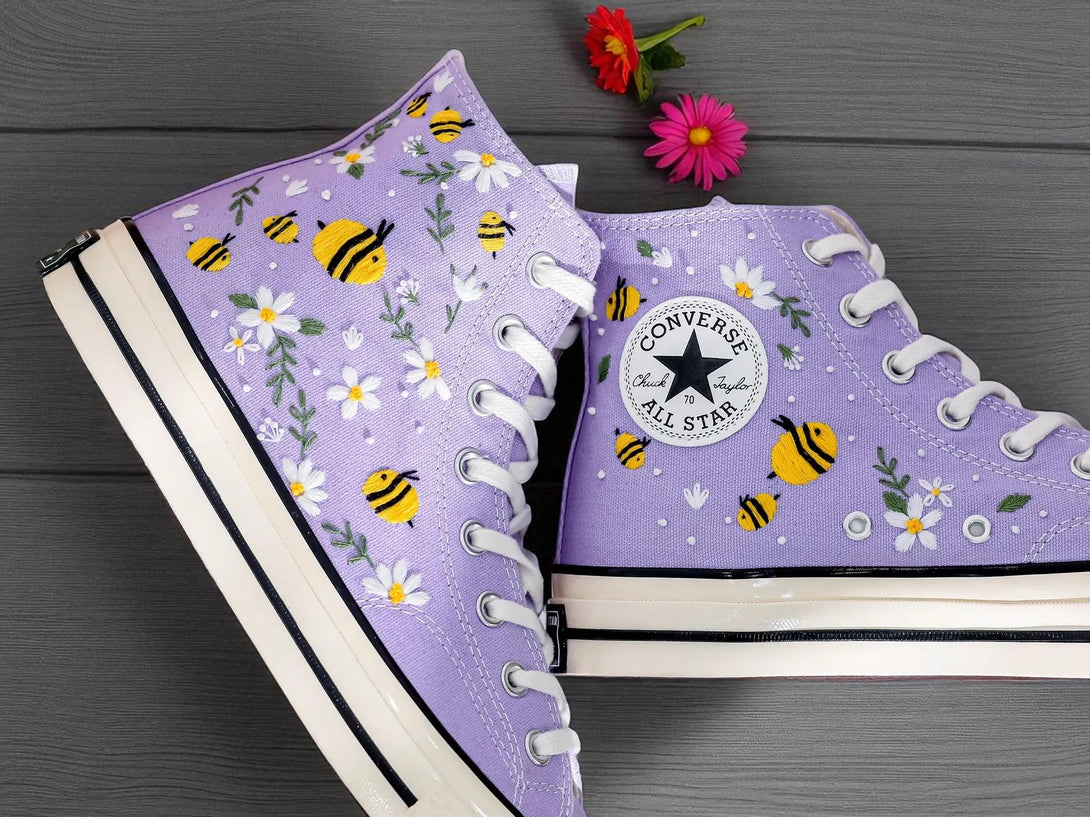 Stitchery Zone Bee Embroidered Sneakers in purple with floral and bee designs on classic high-top shoes