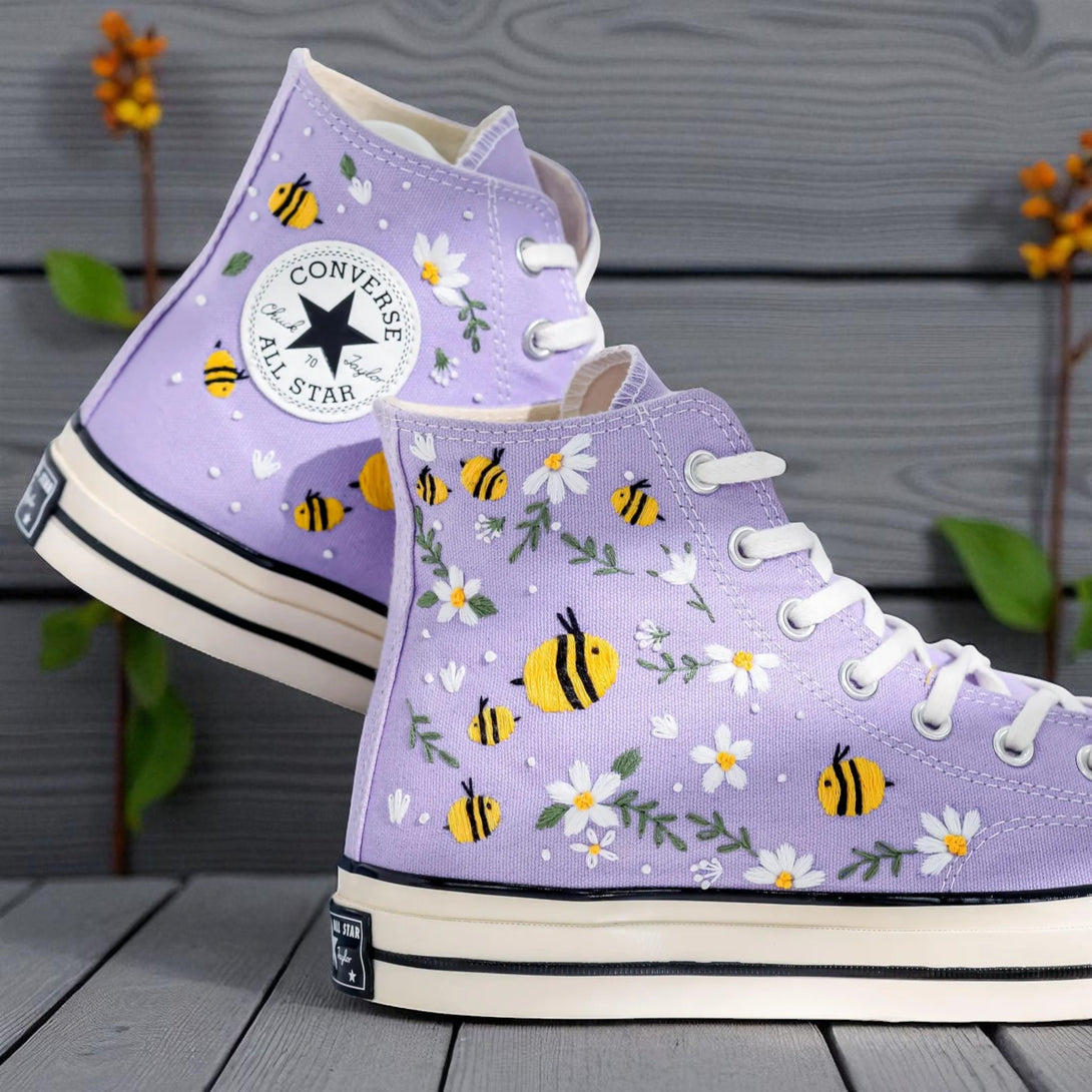 Stitchery Zone Bee Embroidered Sneakers white high-top shoes with purple floral embroidery