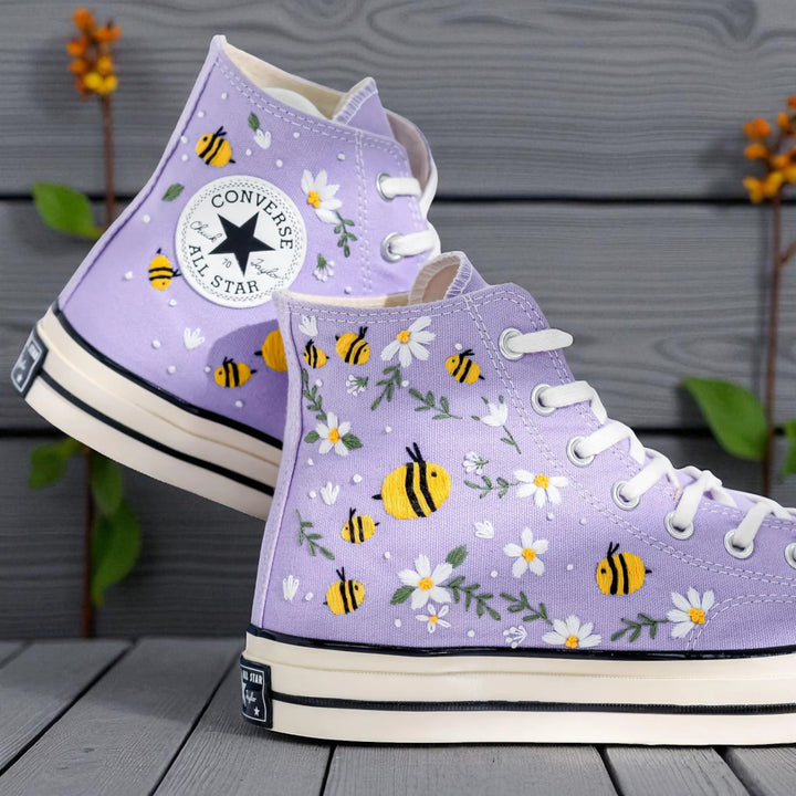 Stitchery Zone Bee Embroidered Sneakers white high-top shoes with purple floral embroidery