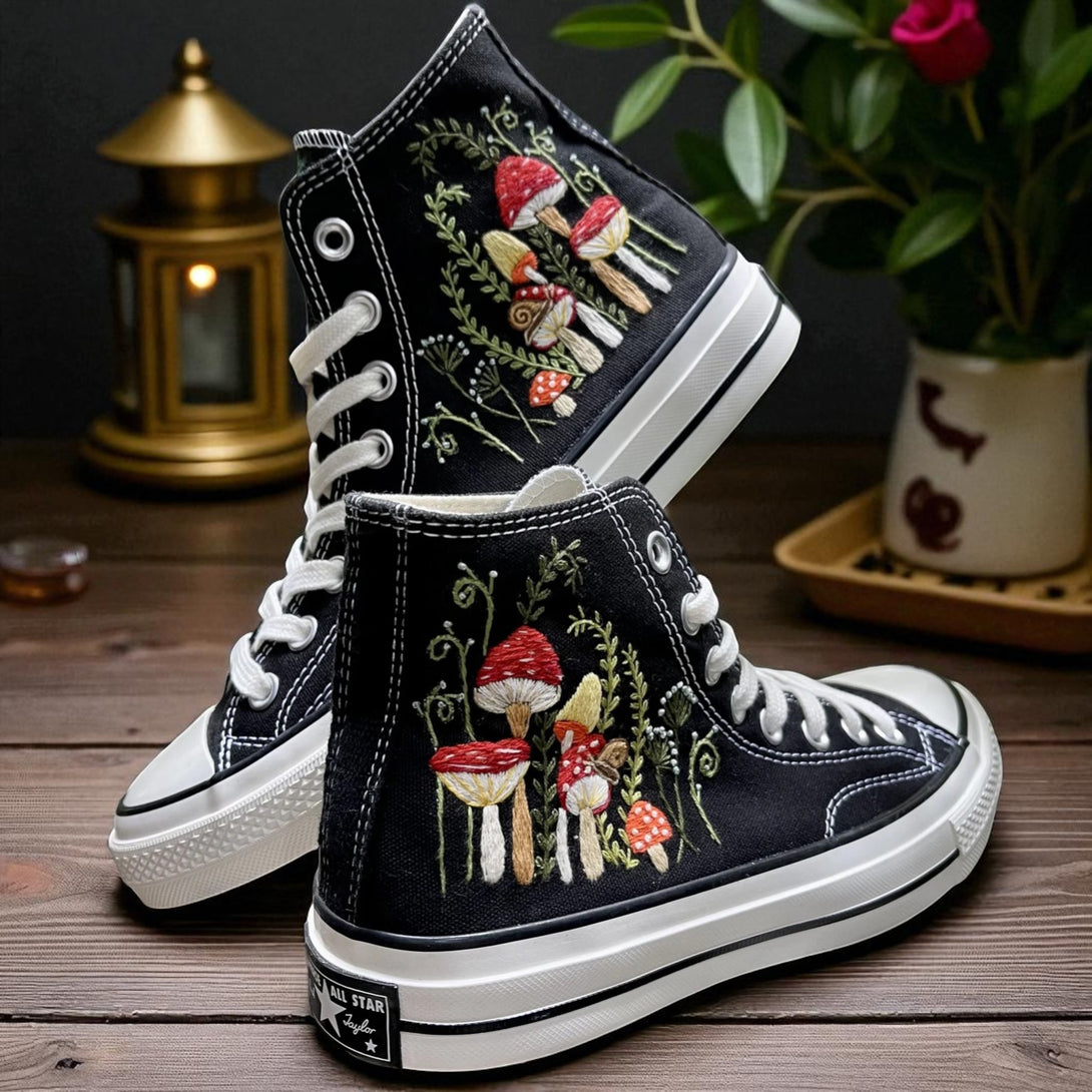 Stitchery Zone Mushrooms Embroidered Sneakers high top black canvas shoes with white laces and soles