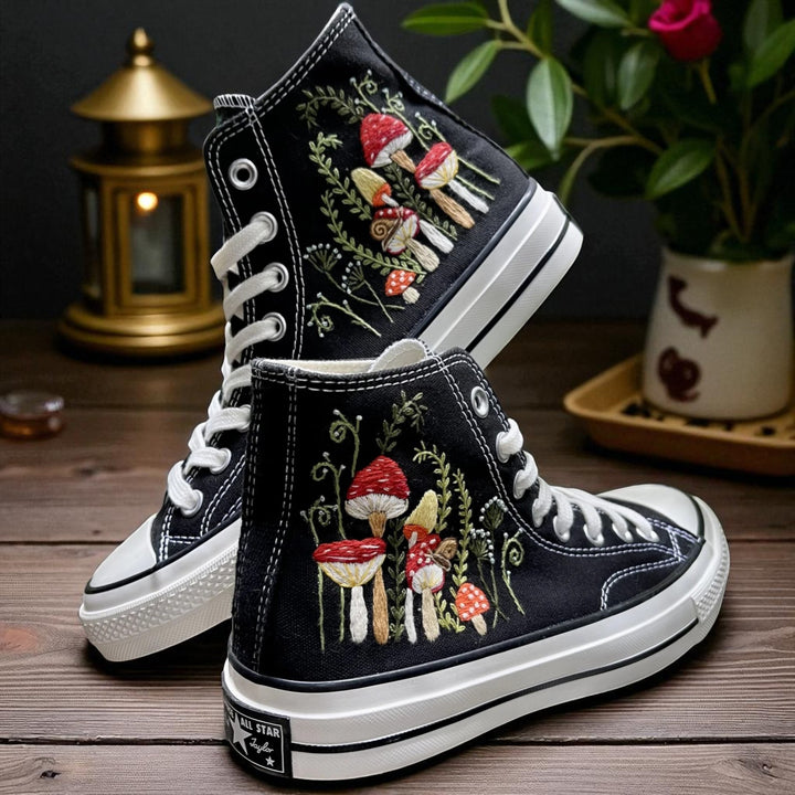 Stitchery Zone Mushrooms Embroidered Sneakers high top black canvas shoes with white laces and soles