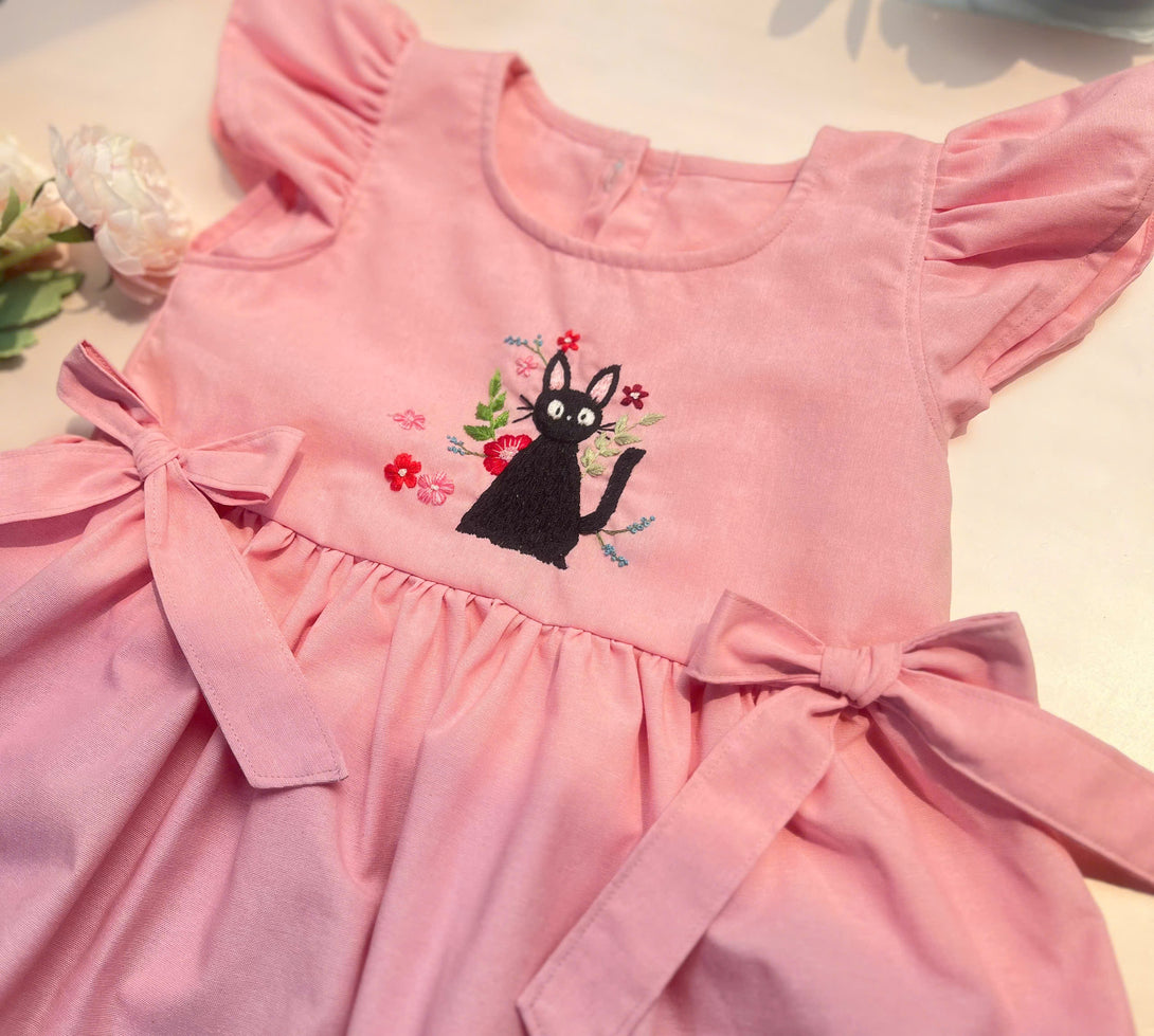 Stitchery Zone Black Cat Hand Embroidered Pink Dress with puff sleeves and bow details