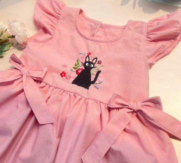Stitchery Zone Black Cat Hand Embroidered Pink Dress with puff sleeves and bow details