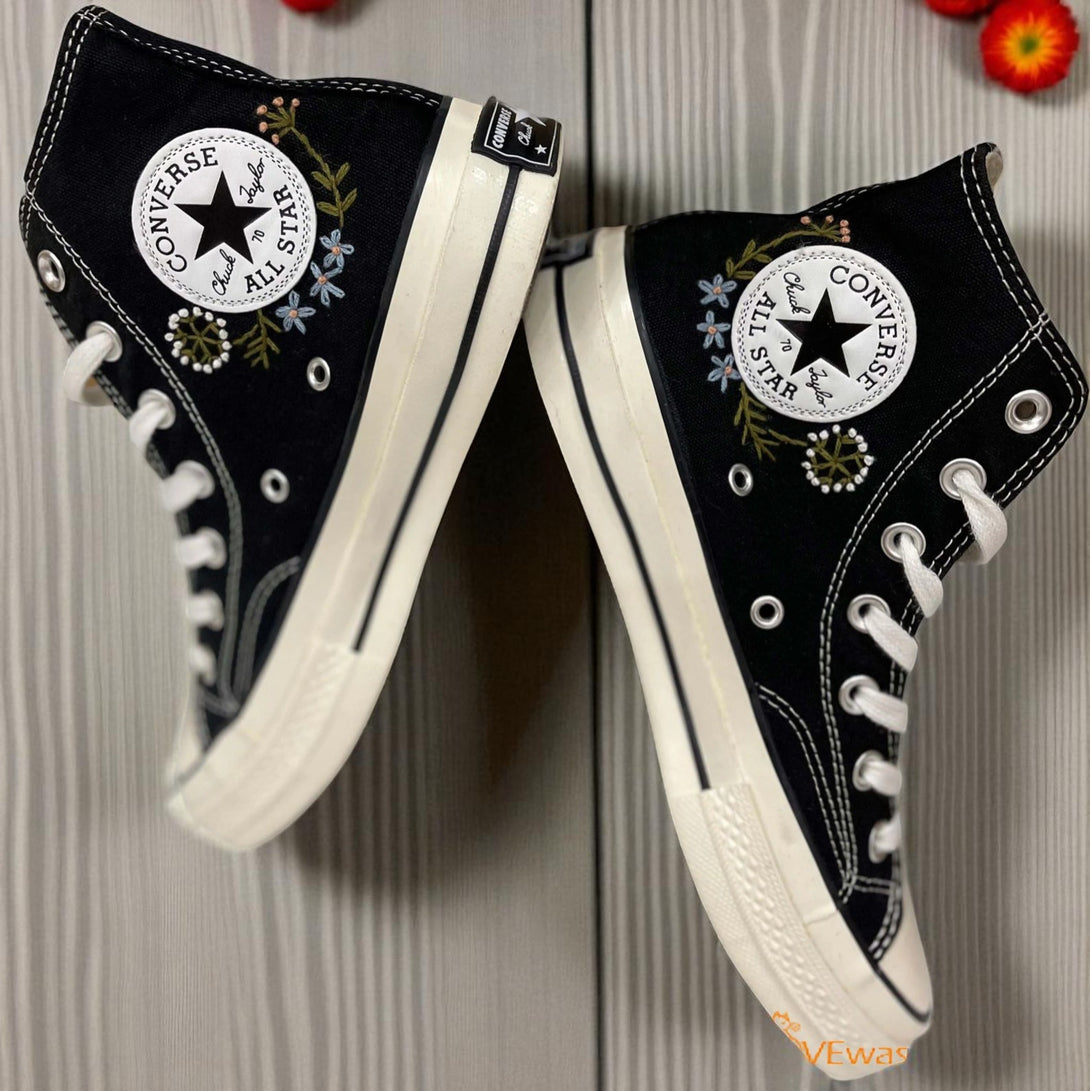 Embroidered Converse Custom Wedding Flowers on black high-top sneakers from Stitchery Zone