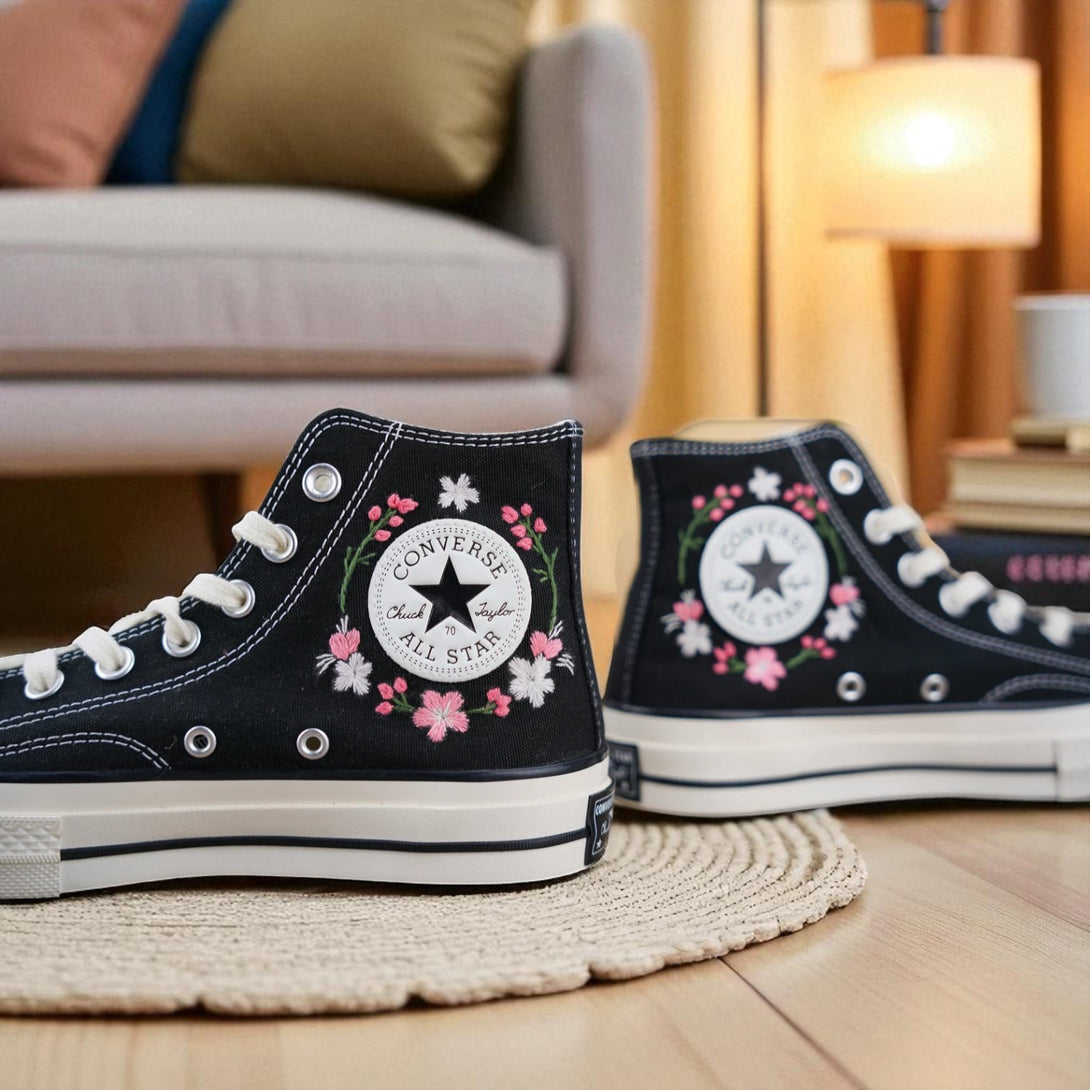 Blossom Handmade Personalized Sneakers black embroidered Converse style shoes with pink floral design