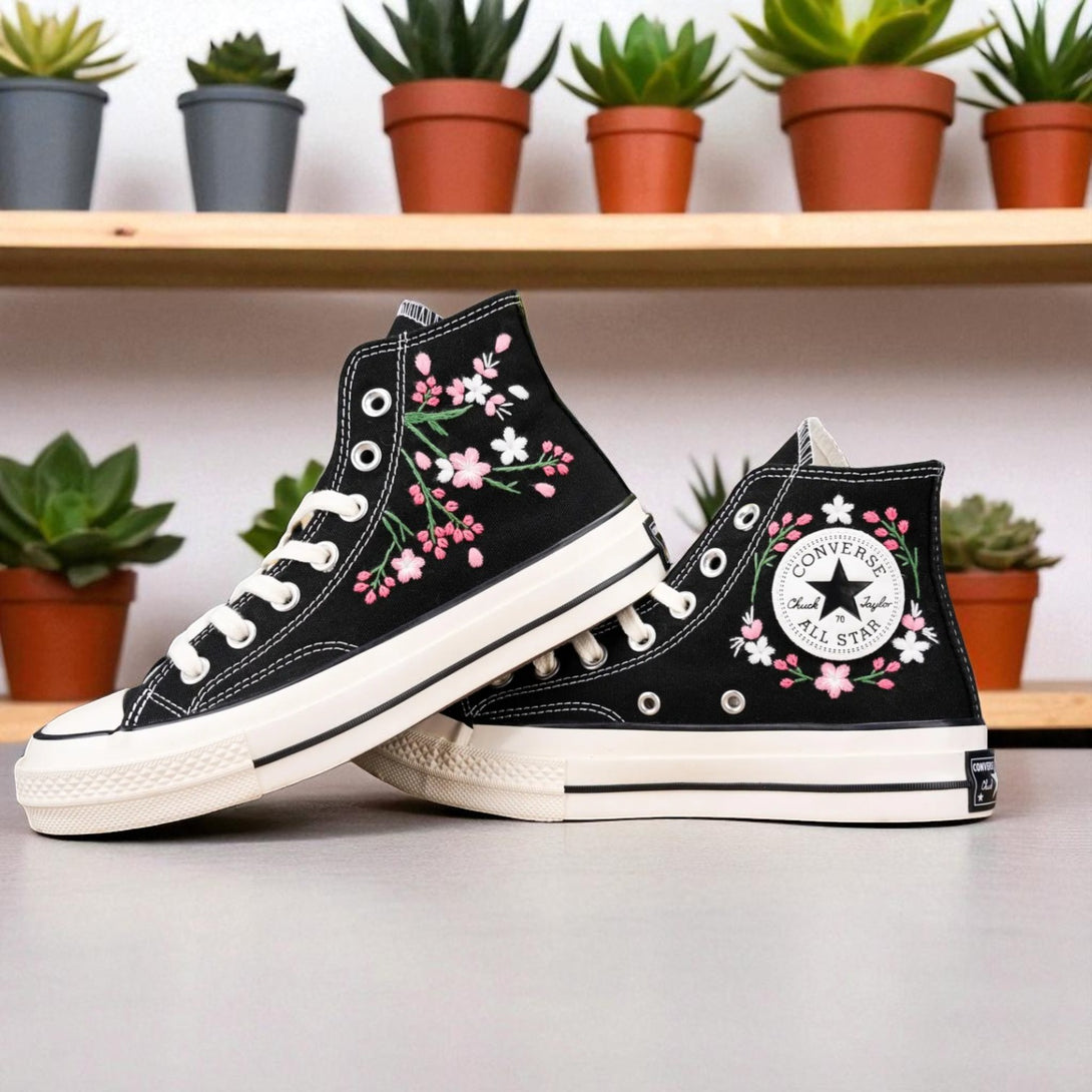 Blossom Handmade Personalized Sneakers by Stitchery Zone black high-top embroidered shoes with pink and white floral design