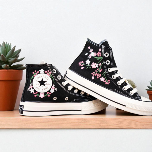 Blossom Handmade Personalized Sneakers black embroidered high-top shoes with pink and white floral design by Stitchery Zone