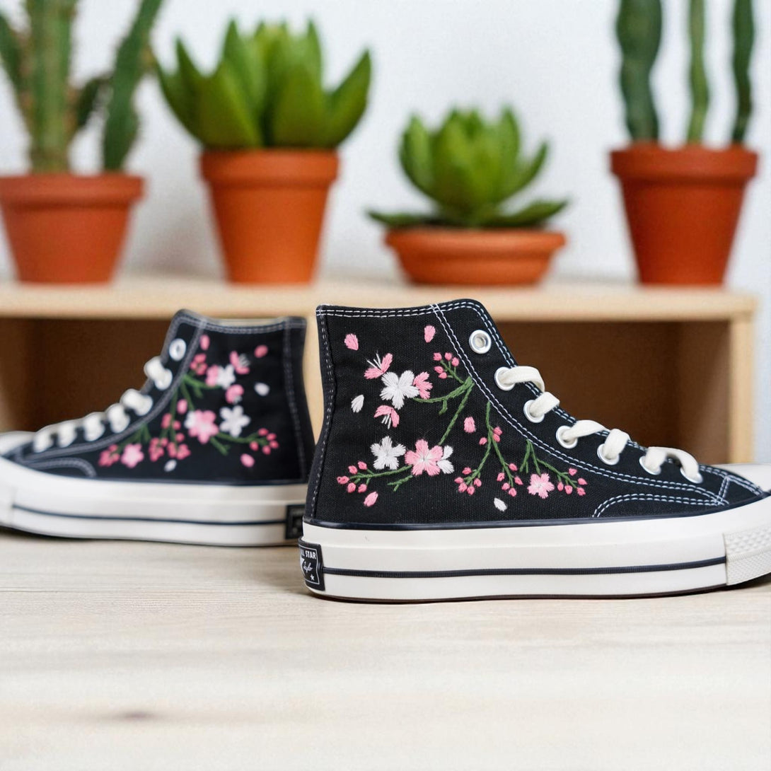 Blossom Handmade Personalized Sneakers by Stitchery Zone black high top embroidered shoes with pink floral design