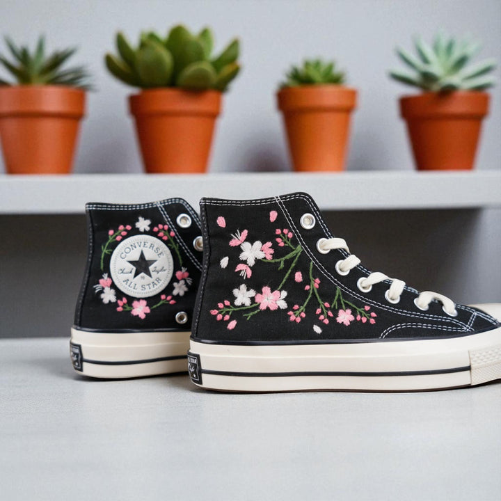 Blossom Handmade Personalized Sneakers black embroidered high top shoes with pink floral design by Stitchery Zone