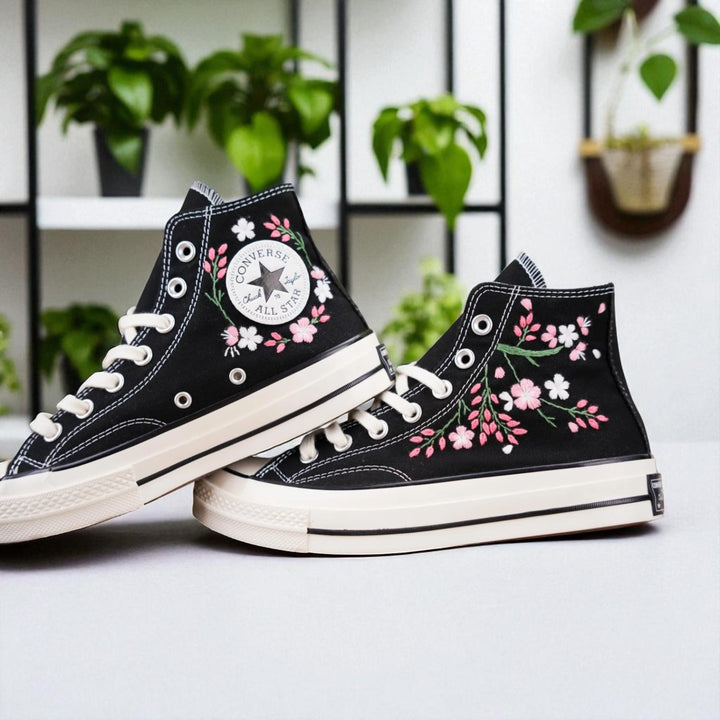 Blossom Handmade Personalized Sneakers by Stitchery Zone featuring white embroidered high-top shoes with purple floral design