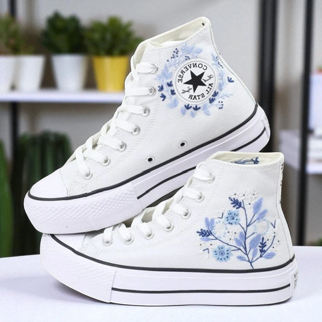 White embroidered high top Converse Shoes Wedding with blue floral side embroidery and platform sole
