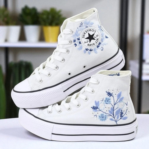 White embroidered high top Converse Shoes Wedding with blue floral side embroidery and platform sole
