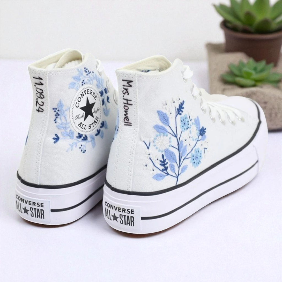 White embroidered high top Converse Shoes Wedding style with blue floral design and custom name