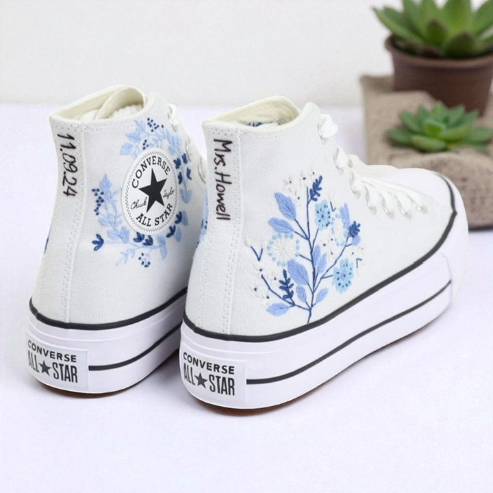 White embroidered high top Converse Shoes Wedding style with blue floral design and custom name