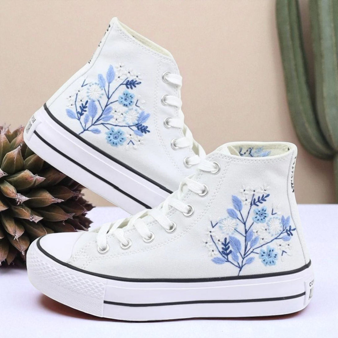 White Converse high top embroidered shoes with blue floral design Converse Shoes Wedding casual bridal sneakers