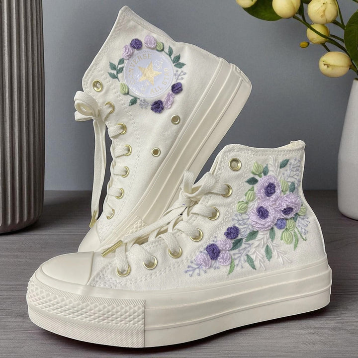 Bridal Flowers Embroidered Sneakers by Stitchery Zone in white with purple floral embroidery and high-top canvas design