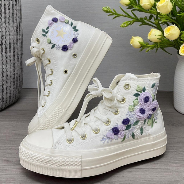 Bridal Flowers Embroidered Sneakers by Stitchery Zone white high top shoes with purple floral embroidery