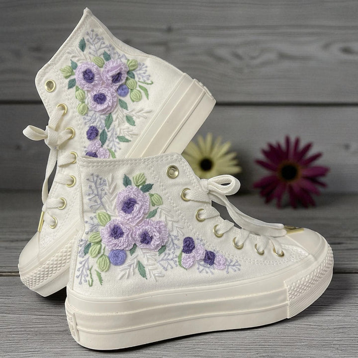 Stitchery Zone Bridal Flowers Embroidered Sneakers with purple floral design on white high-top canvas shoes