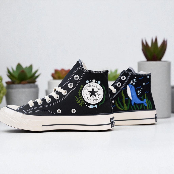 Stitchery Zone bridal shoes for outdoor wedding dolphin embroidered shoes in black high-top style
