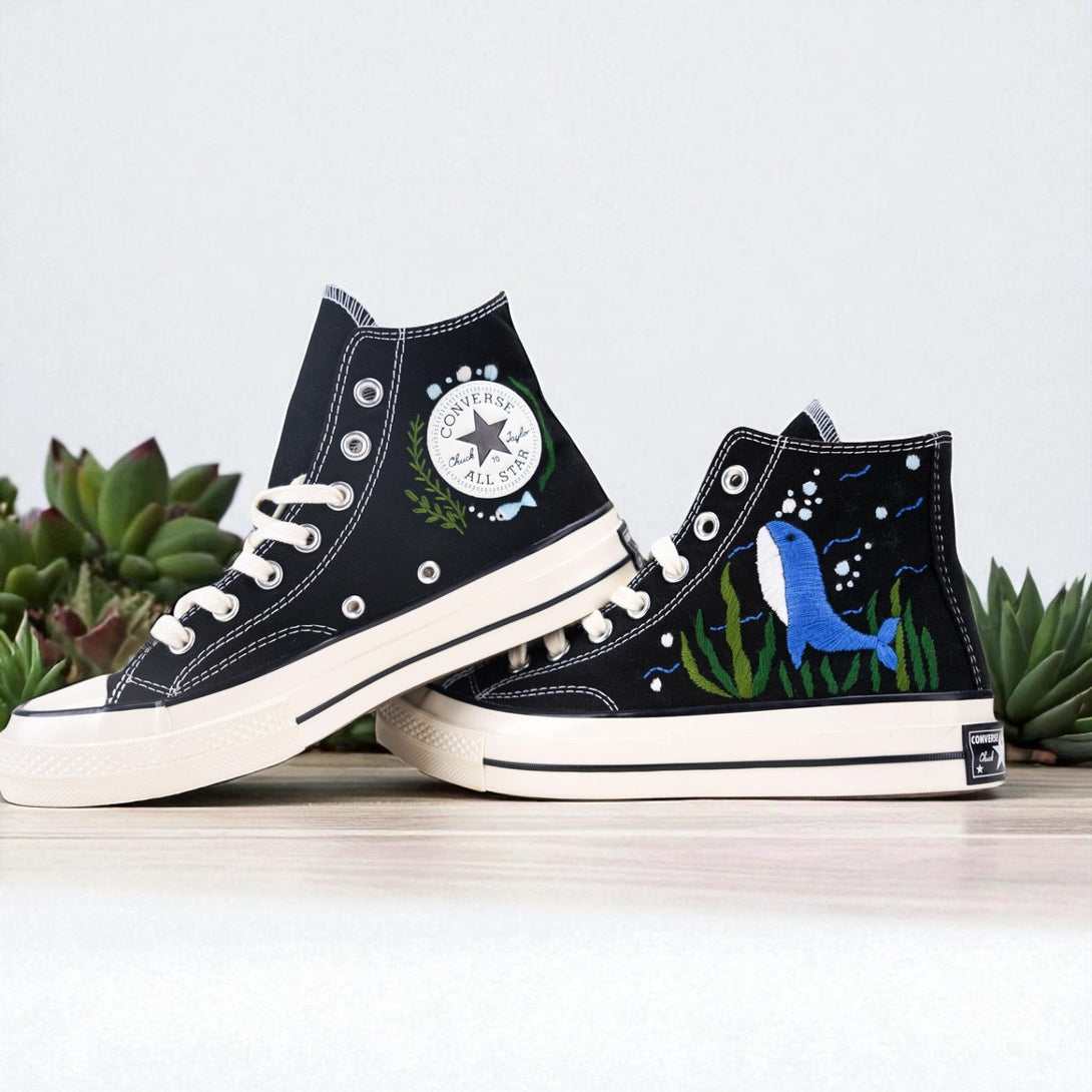 Stitchery Zone bridal shoes for outdoor wedding dolphin embroidered shoes on black high-top sneakers
