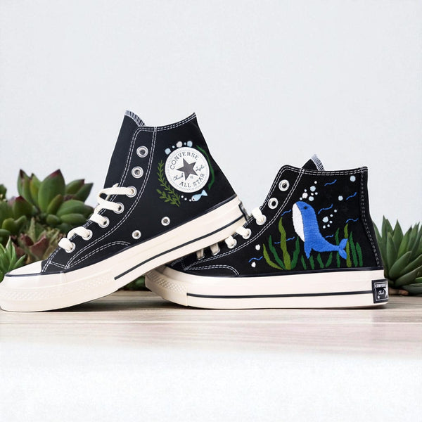 Stitchery Zone bridal shoes for outdoor wedding dolphin embroidered shoes on black high-top sneakers