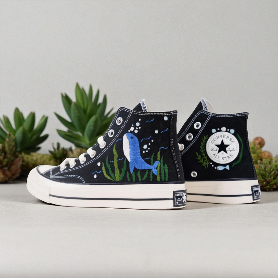 Stitchery Zone bridal shoes for outdoor wedding dolphin embroidered shoes on black high-top canvas sneakers