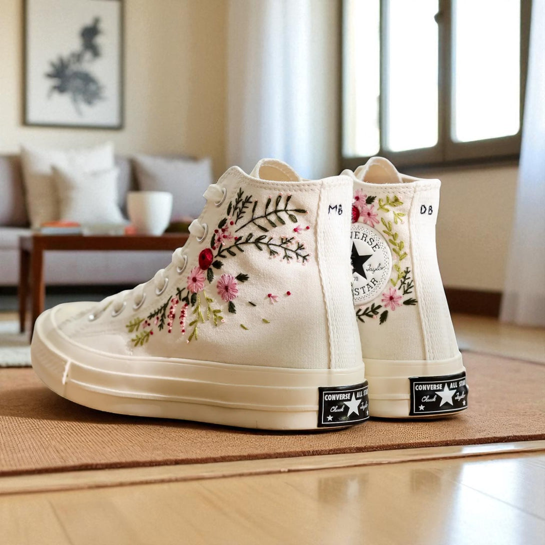 Wedding Flowers Embroidered Converse Chuck Taylor 1970s white high top shoes with pink floral embroidery by Stitchery Zone