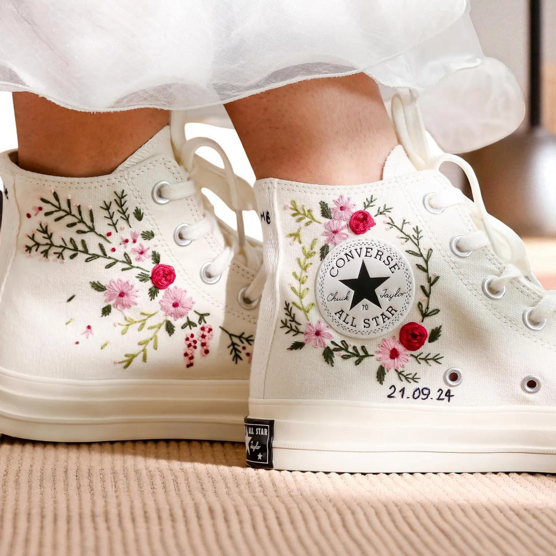 Wedding Flowers Embroidered Converse Chuck Taylor 1970s Stitchery Zone white high top shoes with pink floral embroidery