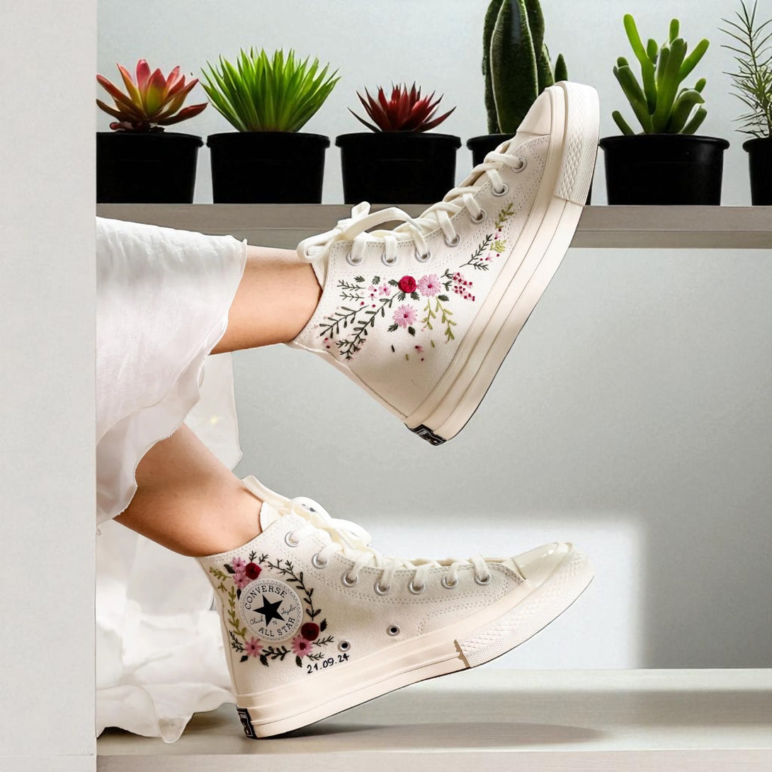 Stitchery Zone Wedding Flowers Embroidered Converse Chuck Taylor 1970s cream high top shoes with pink floral design