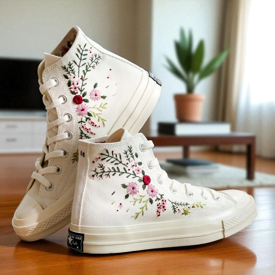 White high top canvas shoes with pink and red floral embroidery Wedding Flowers Embroidered Converse Chuck Taylor 1970s